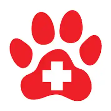 A red paw print with a cross in the center.