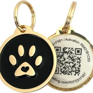 A black and gold tag with a paw print on it.