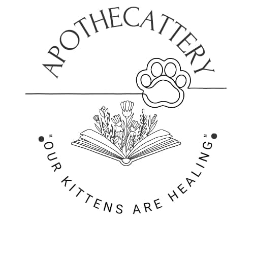 Apothecattery logo with a cat paw and book