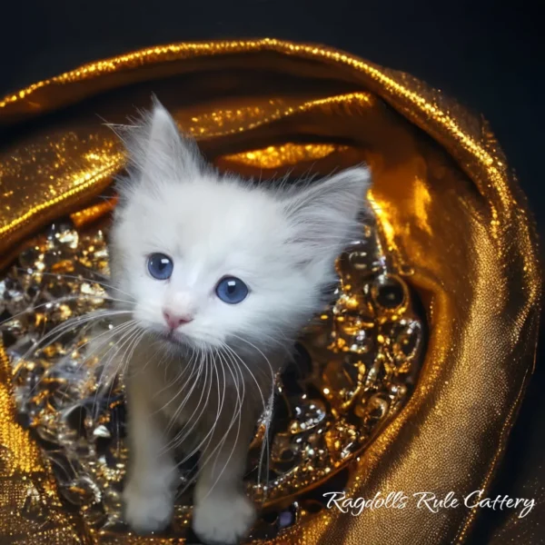 A white kitten sitting in a gold bowl.