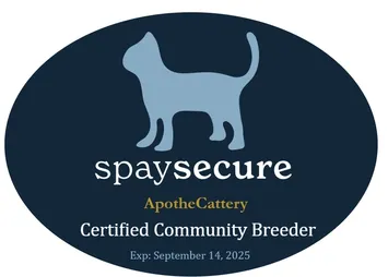 A blue and white logo with the words " spaysecure apothecattery certified community breeder."