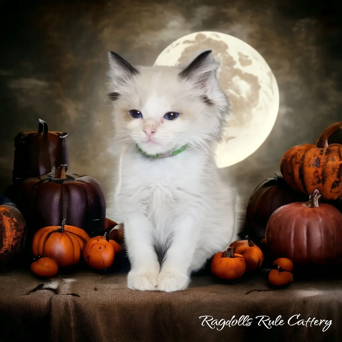 A white cat sitting in front of pumpkins.