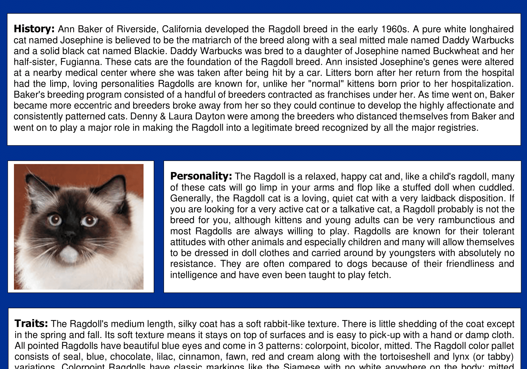 A cat 's description and personality in the article.